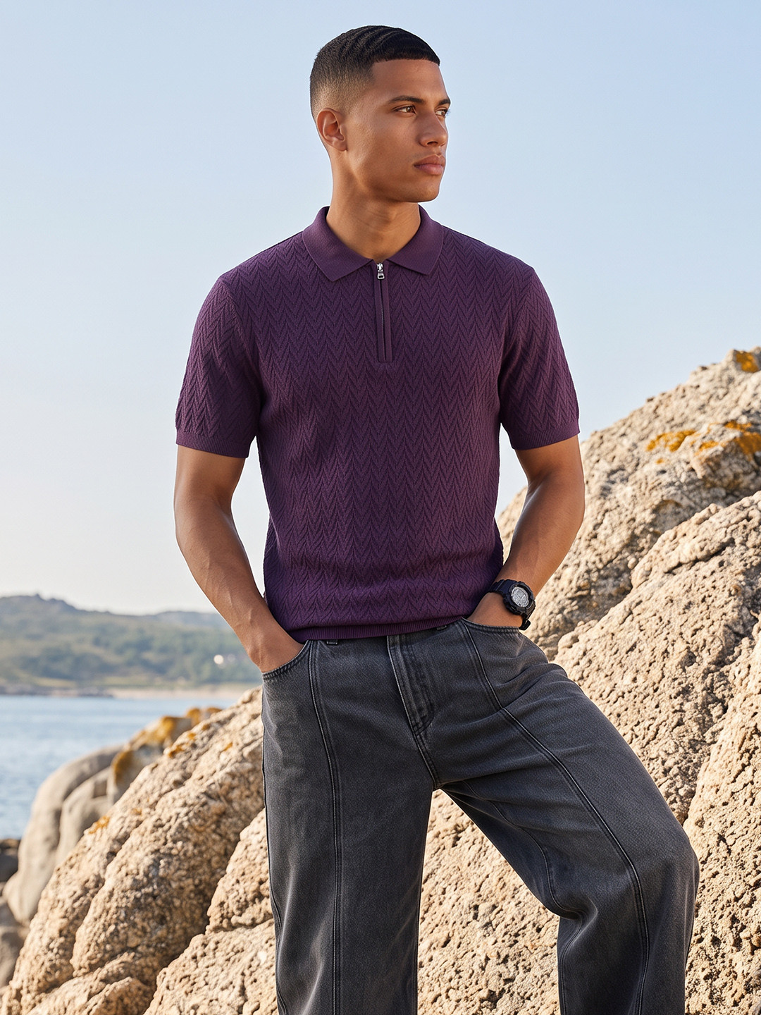 The Roadster Life Co. Polo Collar Self Design Textured Pure Cotton T-shirt
