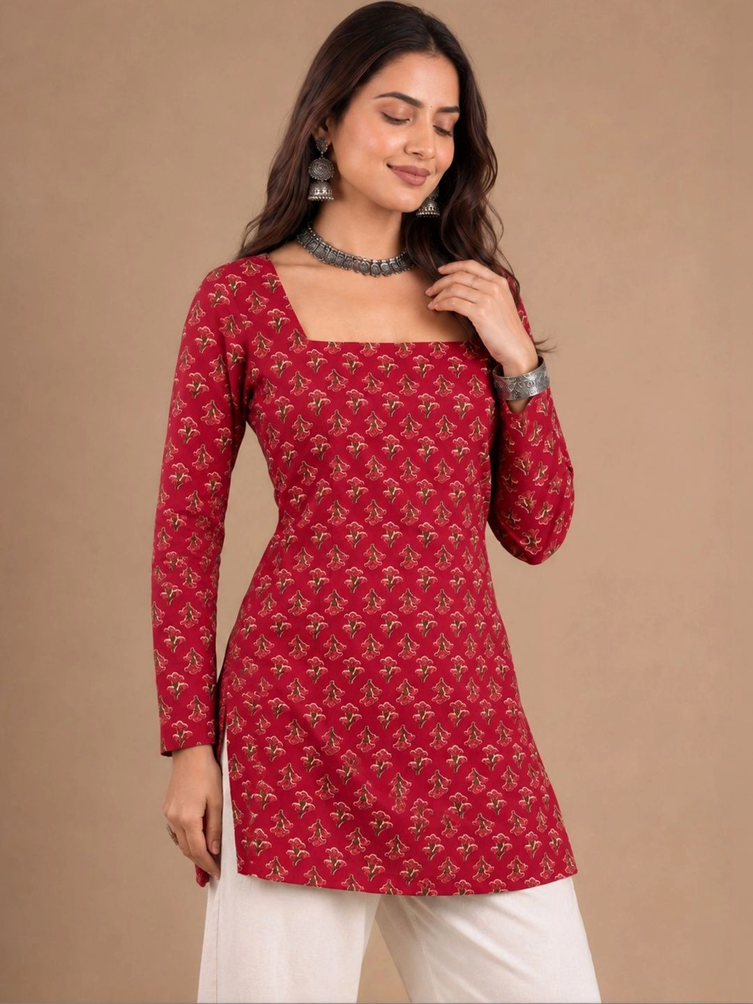 Rangrooh Floral Printed Square Neck Pure Cotton Kurti