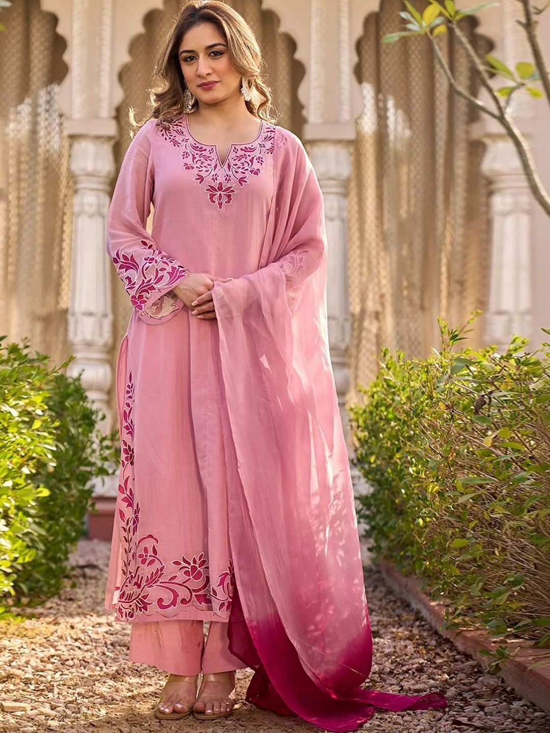 Aaghnya Women Ethnic Motifs Embroidered Regular Thread Work Kurta with Palazzos & With Dupatta