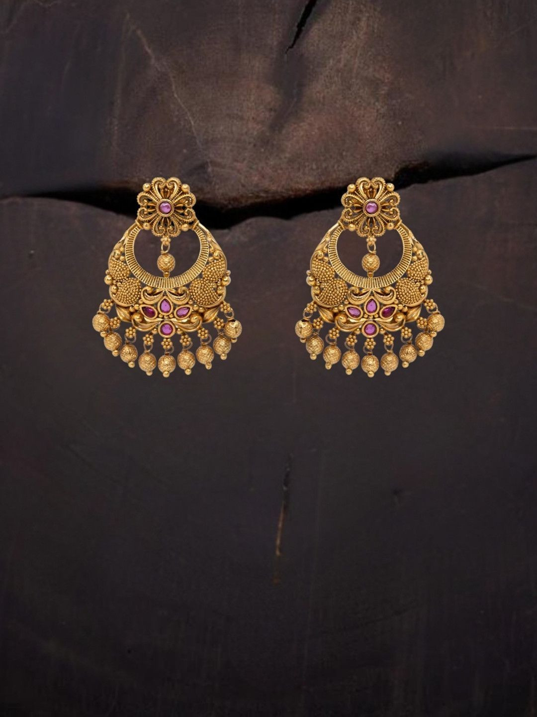 South Temple Jewellery Gold-Plated Stones Studded And Beaded Crescent Shaped Drop Earrings