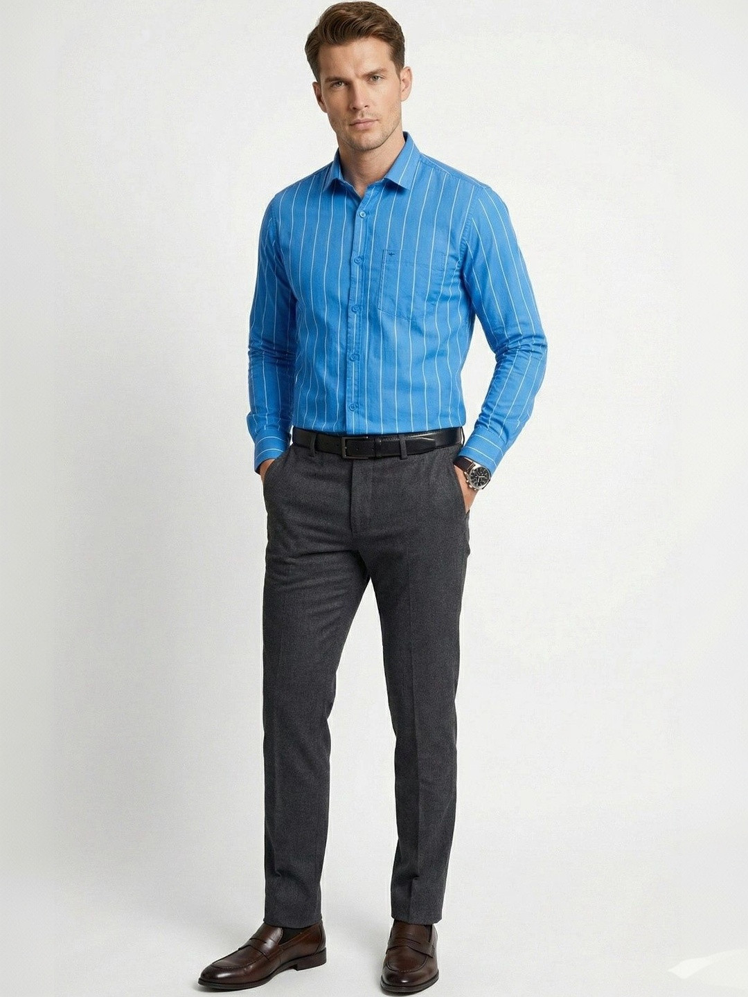 Studio-9 Men Classic Slim Fit Striped Formal Shirt