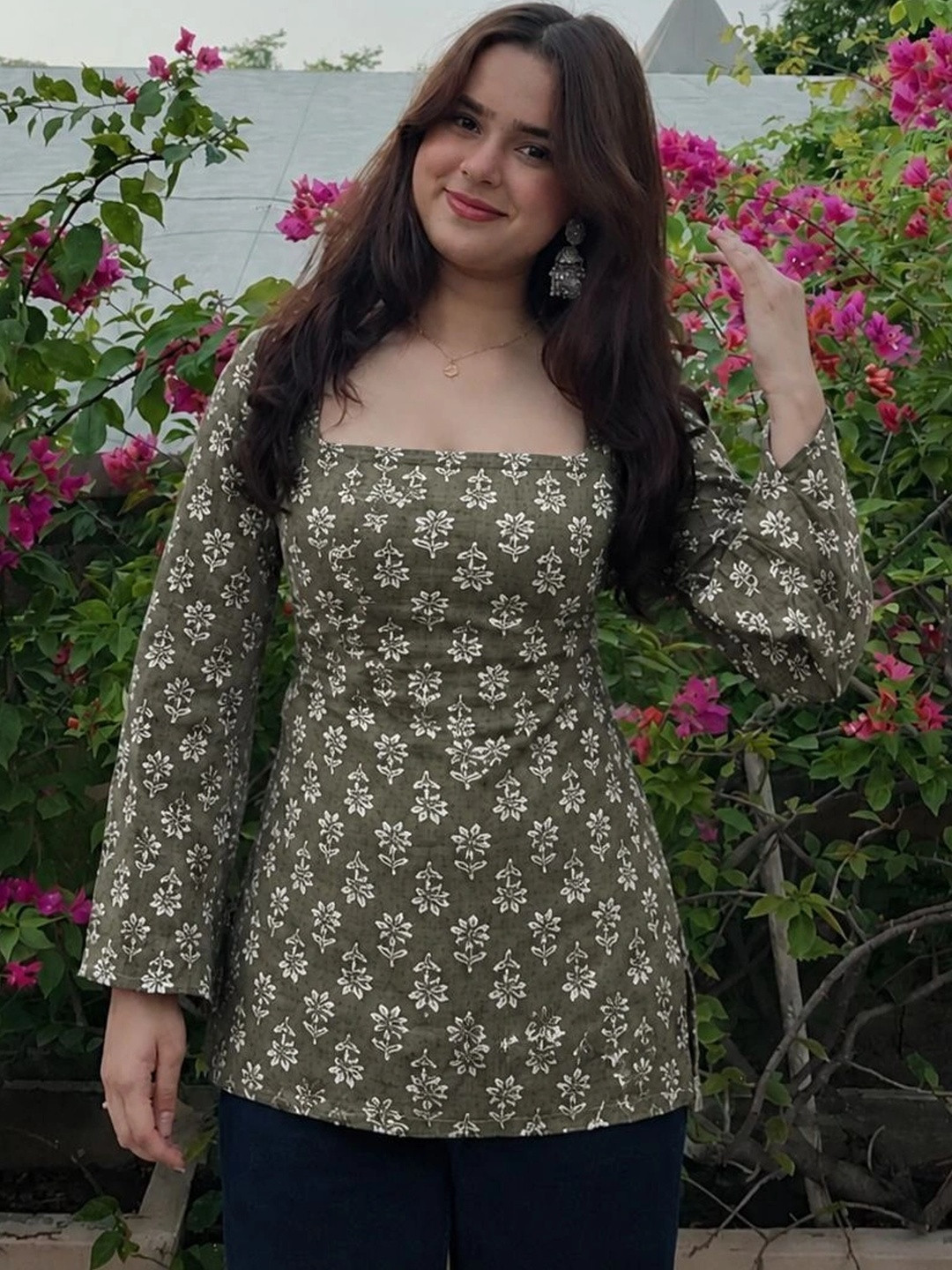 Purnova Botanical Printed Square Neck Pure Cotton Blend Kurti