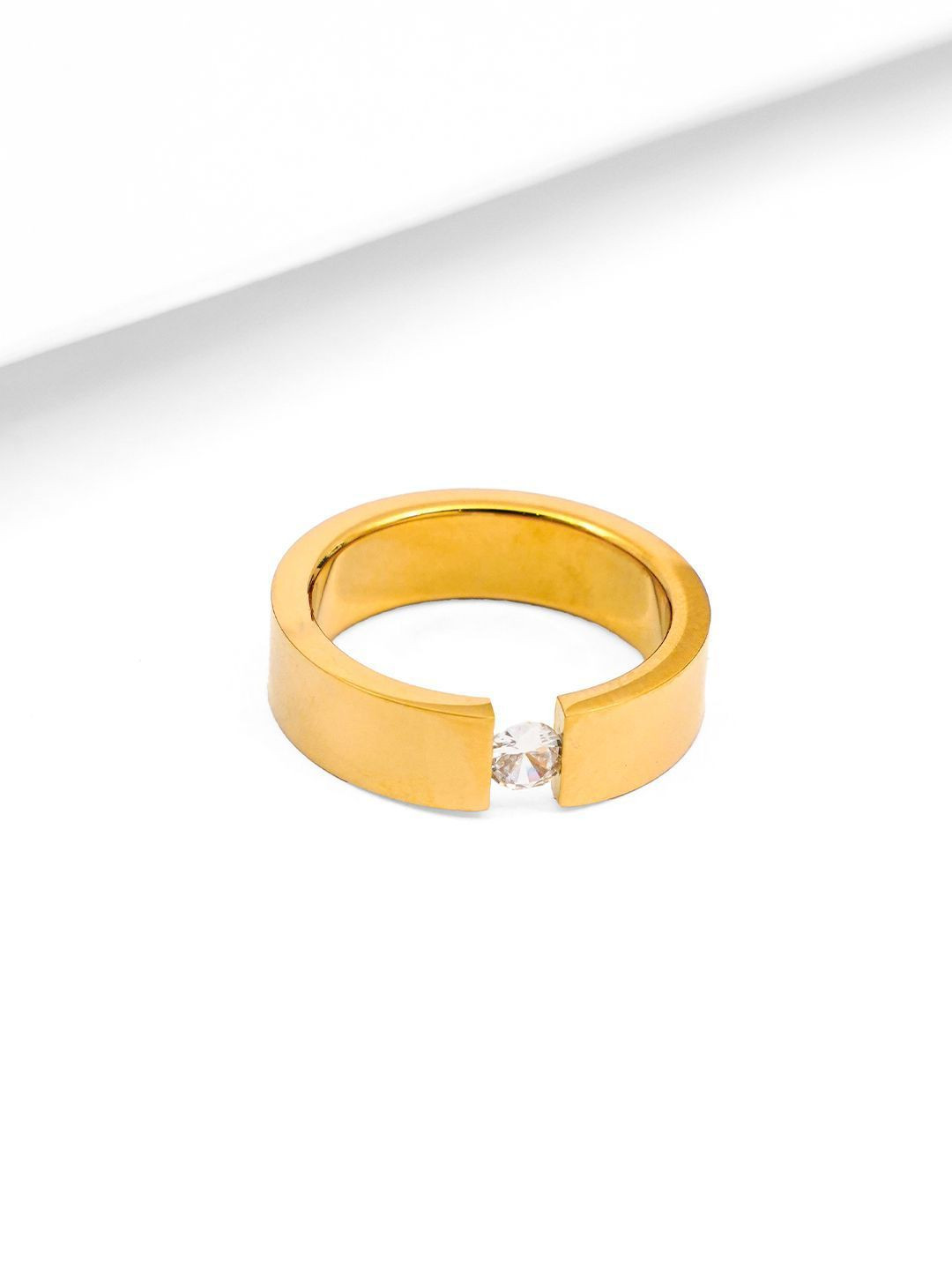 SWASHAA Gaios Men Stainless Steel 18K Gold-Plated Cubic Zirconia Studded Ring