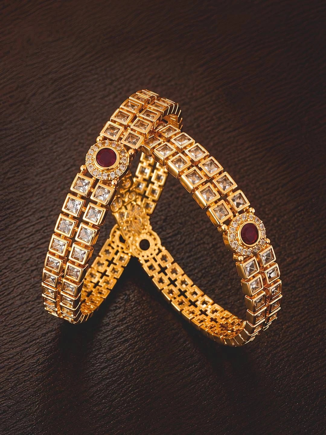 Zevarly Set Of 2 Gold-Plated American Diamond Stone-Studded Bangles