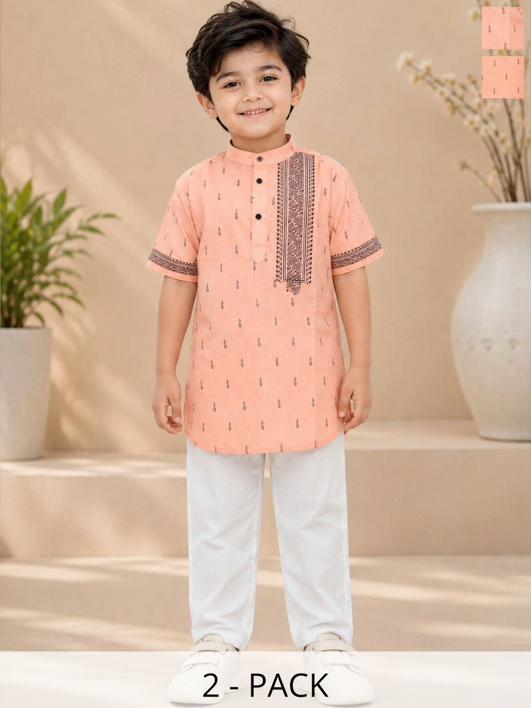 Smuktar garments Boys Pack Of 2 Ethnic Motifs Printed Pure Cotton Kurta With Pyjama