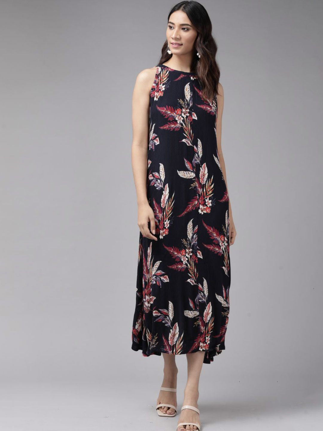 IKRASS Floral Print Crepe A-Line Midi Dress