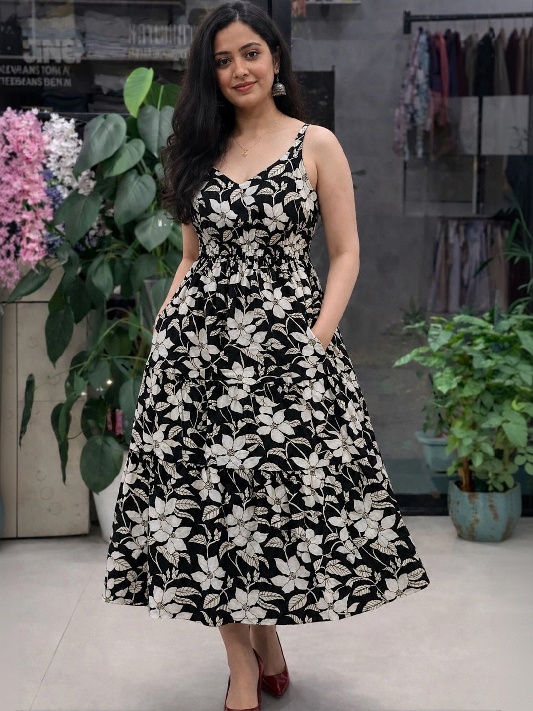 Chaukas Floral Print Fit & Flare Midi Dress
