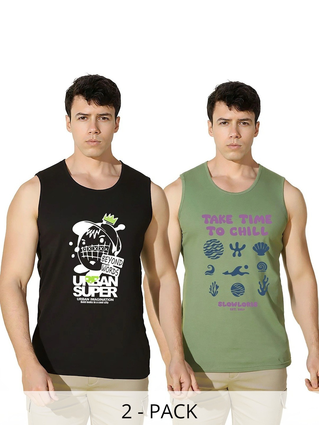 SLOWLORIS Pack of 2 Printed Cotton Gym Vest