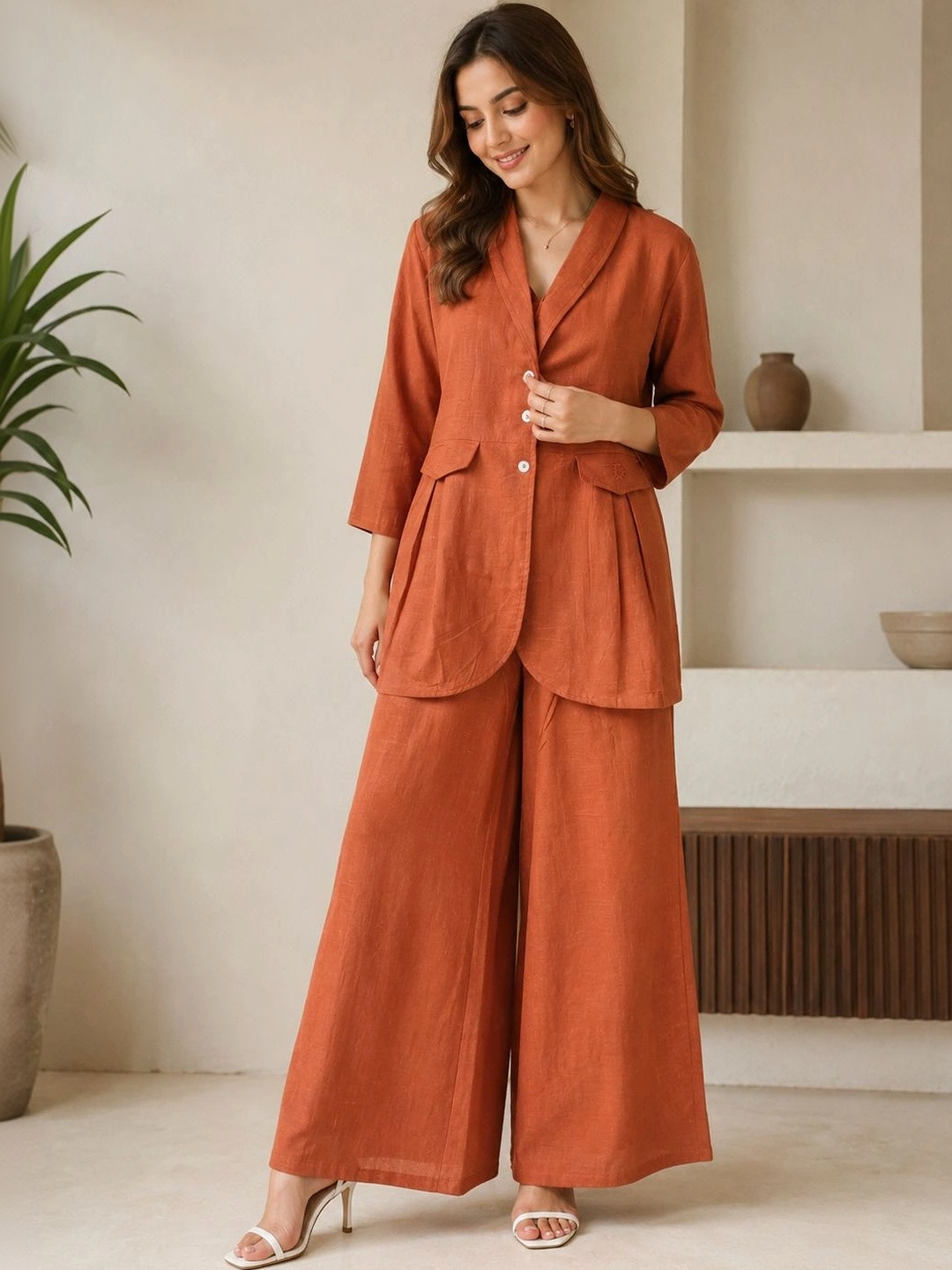SNJI Cotton Solid Blazer with Palazzos