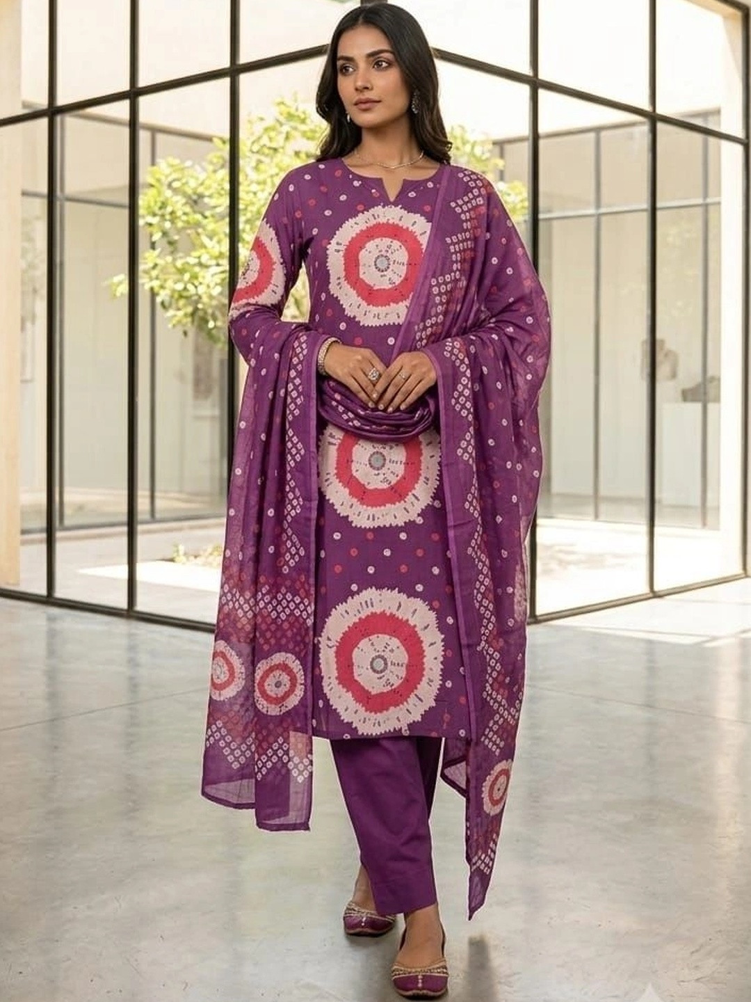Bna Bnaya Women Bandhani Printed Regular Pure Cotton Kurta with Trousers & With Dupatta