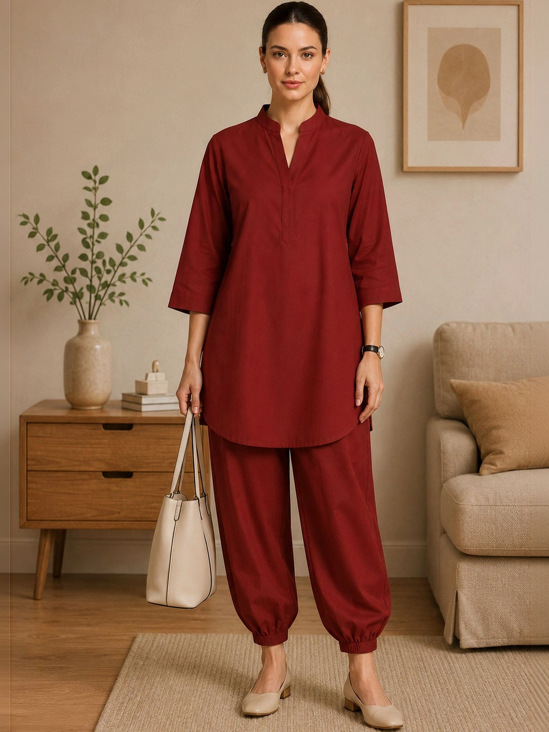 WOEMUR Cotton Solid Tunic with Trousers