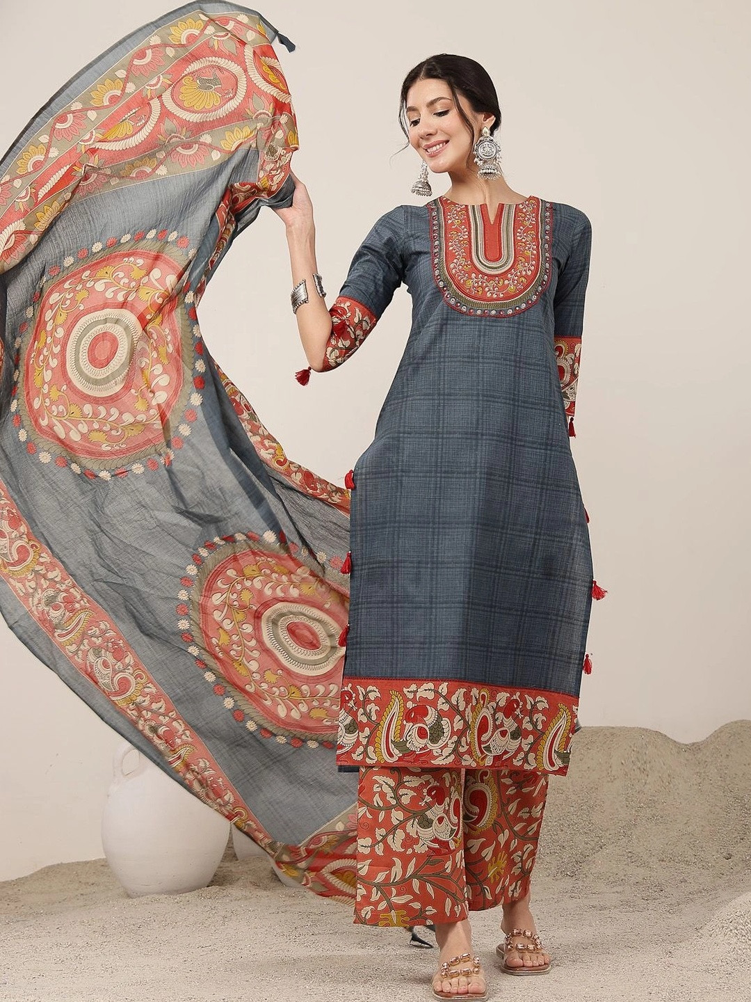 Sangria Women Ethnic Motifs Regular Pure Cotton Kurta with Palazzos & With Dupatta