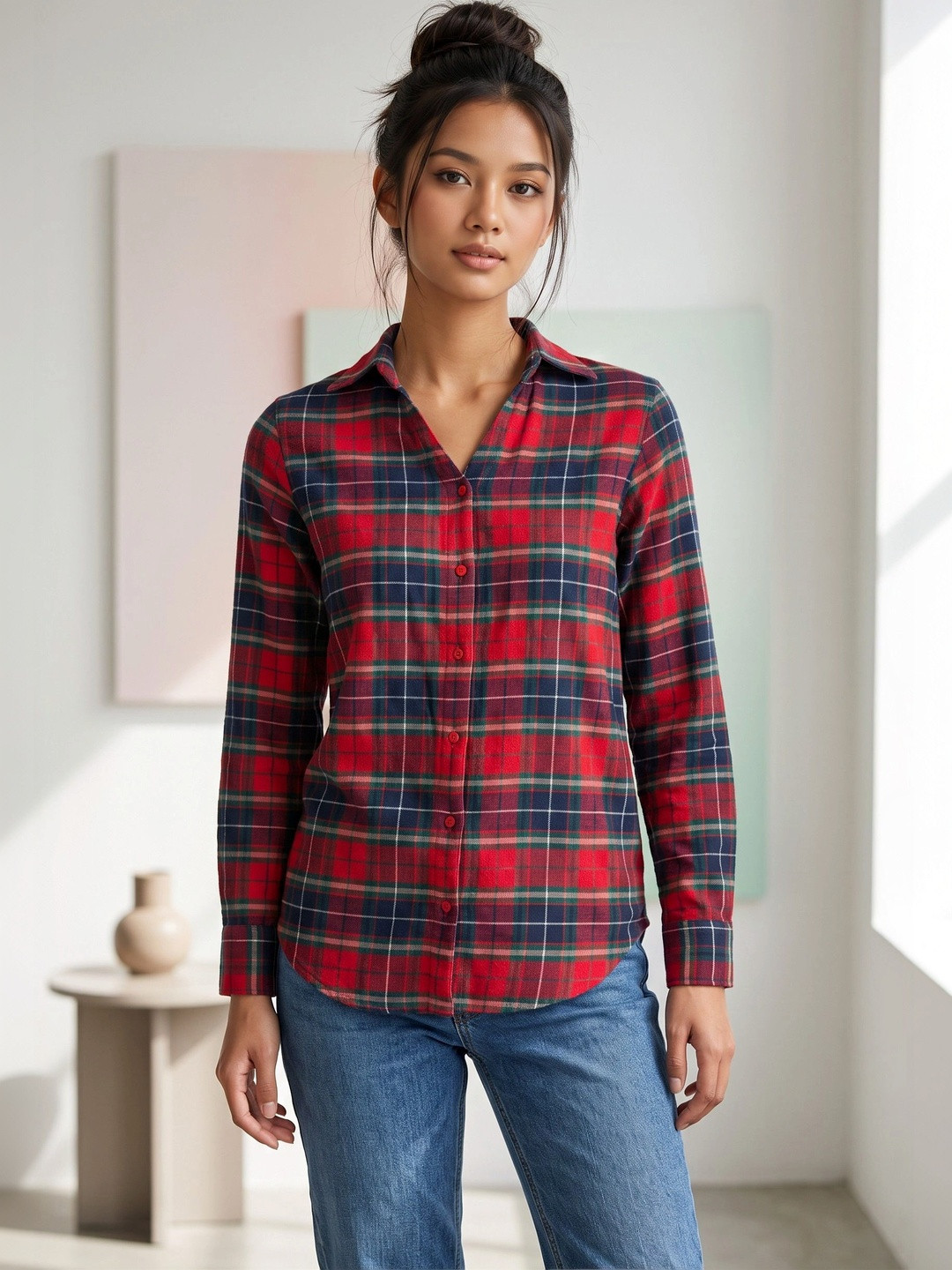Hive91 Women Classic Tartan Checks Checked Casual Shirt