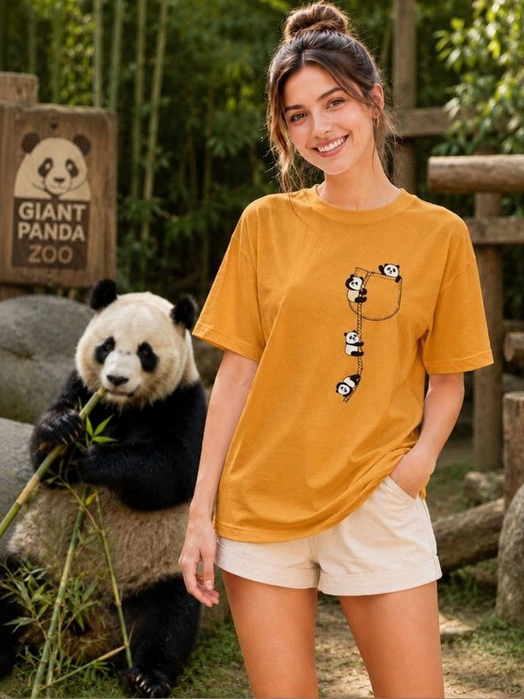 9TUNKI Women Printed Pure Cotton Pockets T-shirt