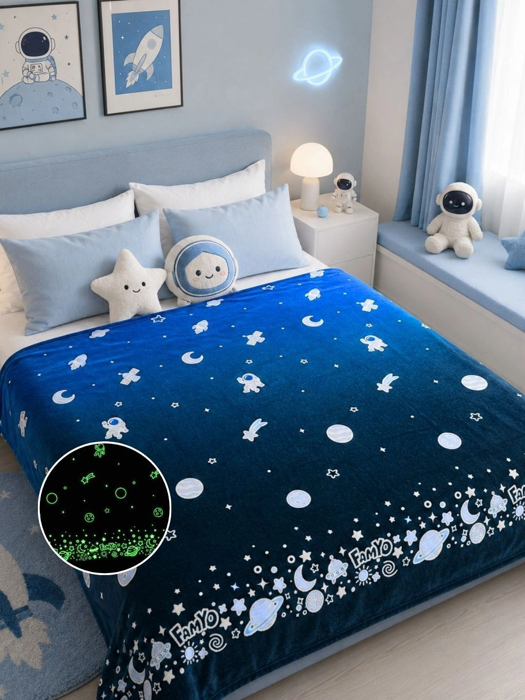 Famyo Navy Blue Cartoon Characters Microfiber Mild Winter 233 GSM Blanket