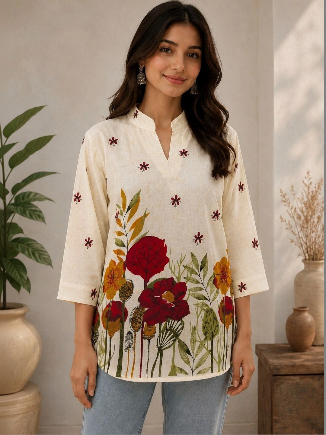NEYSA Floral Print Mandarin Collar Top