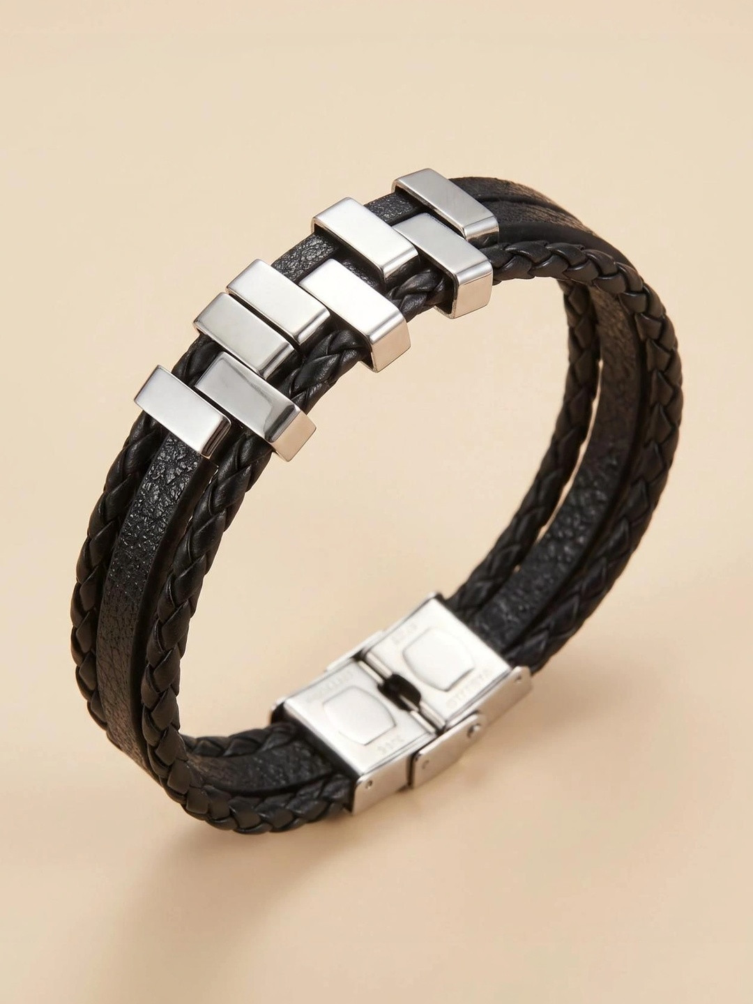 MYKI Men Stainless Steel Leather ZigZag Cuff Bracelet