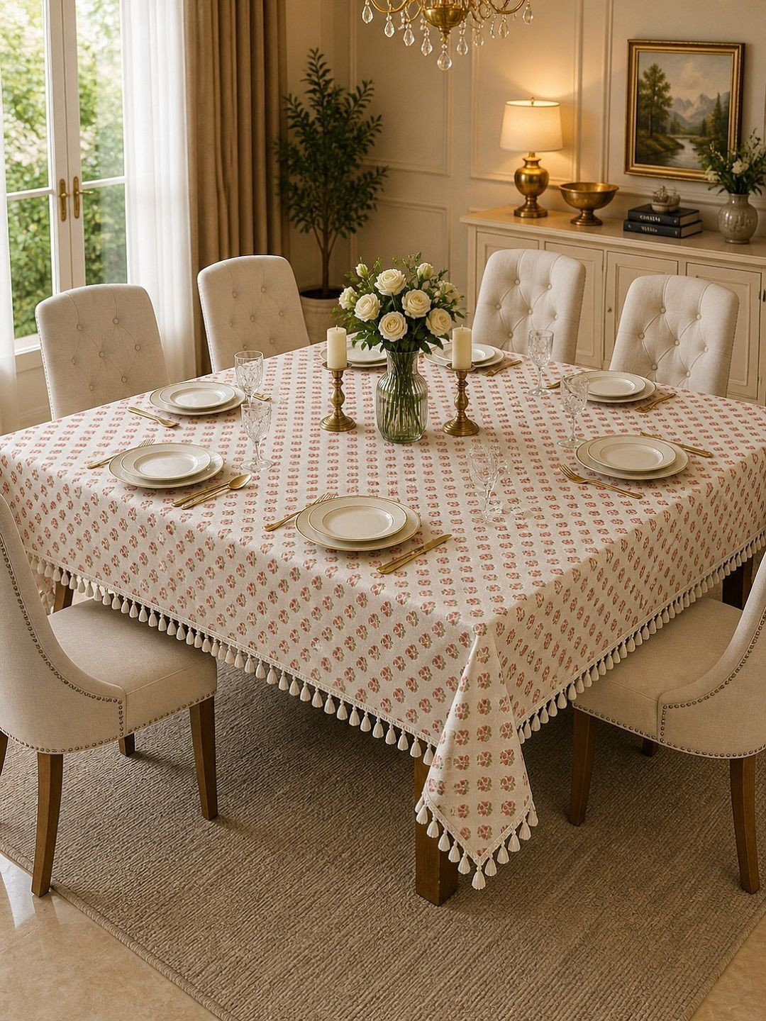 RRC White Floral 6-Seater Table Cover