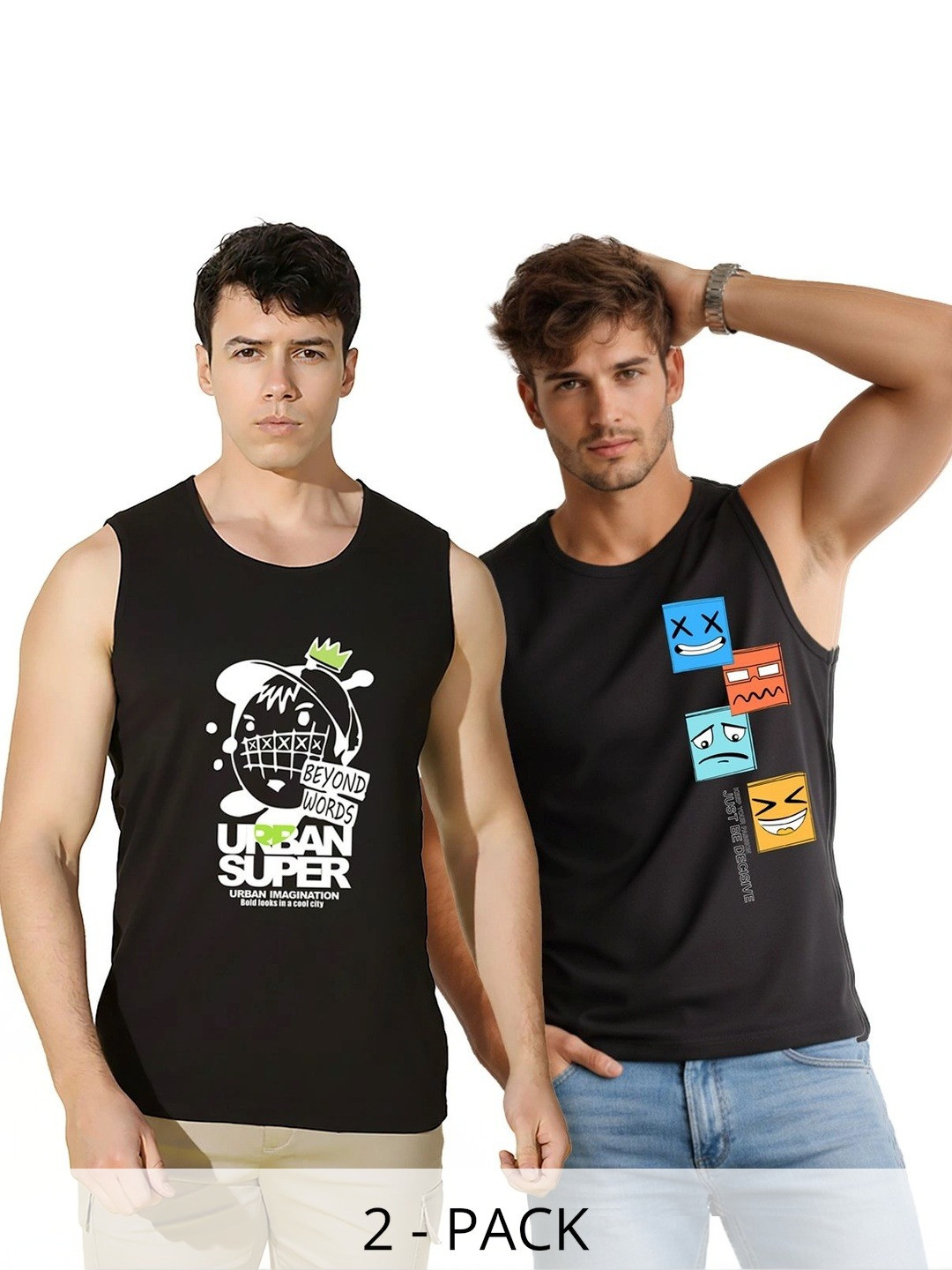 SLOWLORIS Pack of 2 Printed Cotton Gym Vests