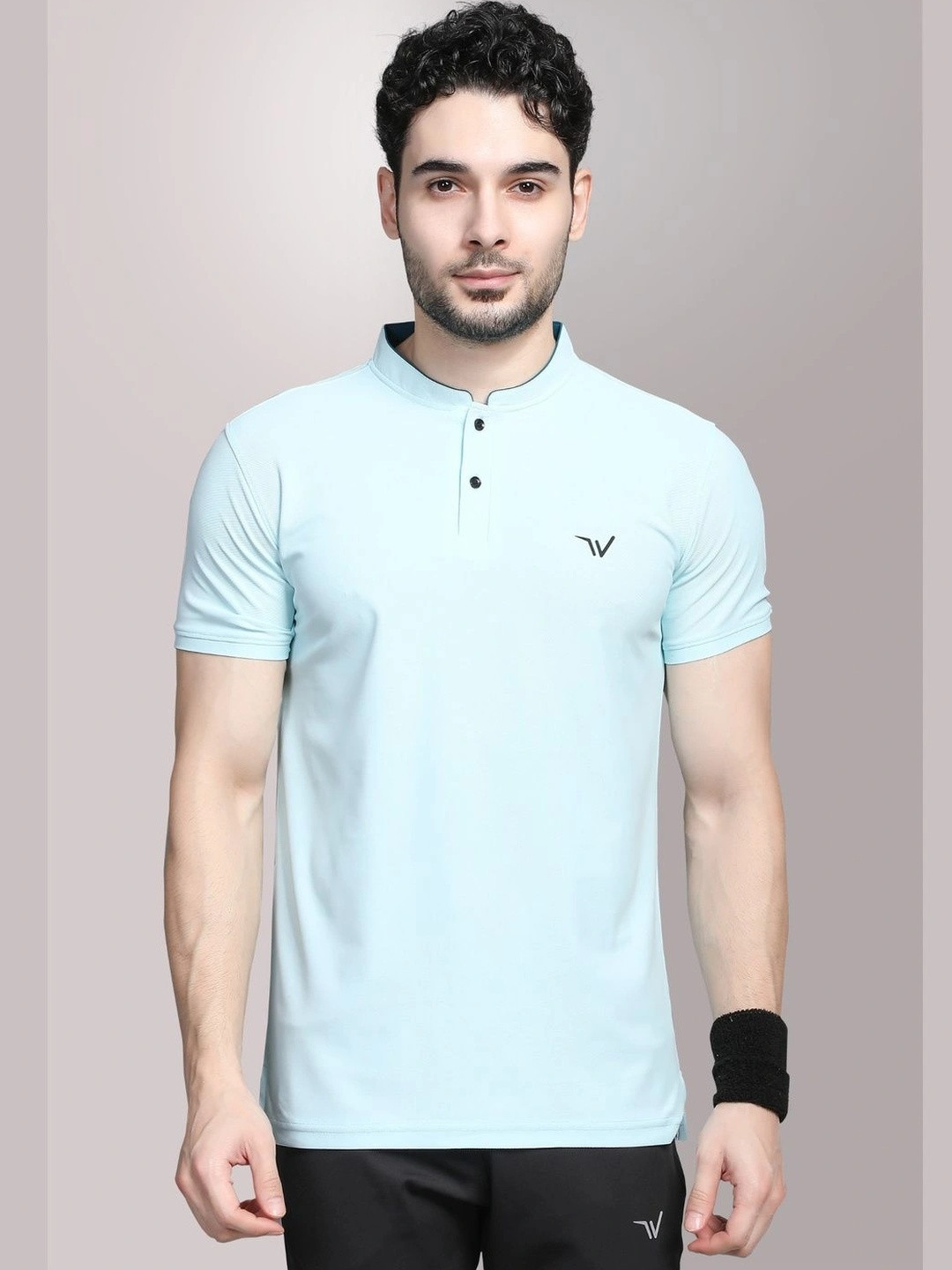 WEWOK Men Brand Logo Mandarin Collar Fusion T-shirt