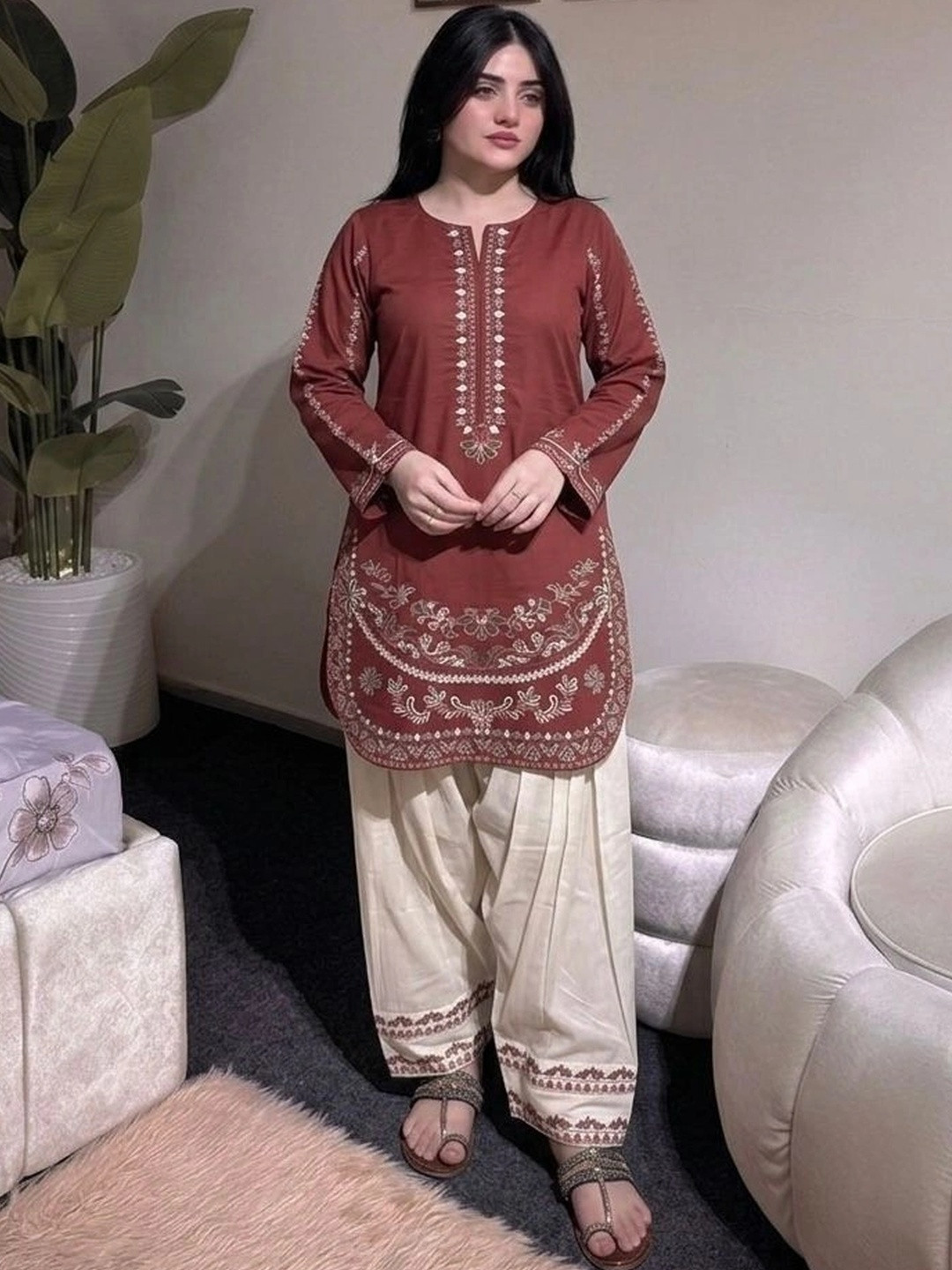 Gownwala Women Embroidered Regular Thread Work Pure Cotton Kurta with Patiala