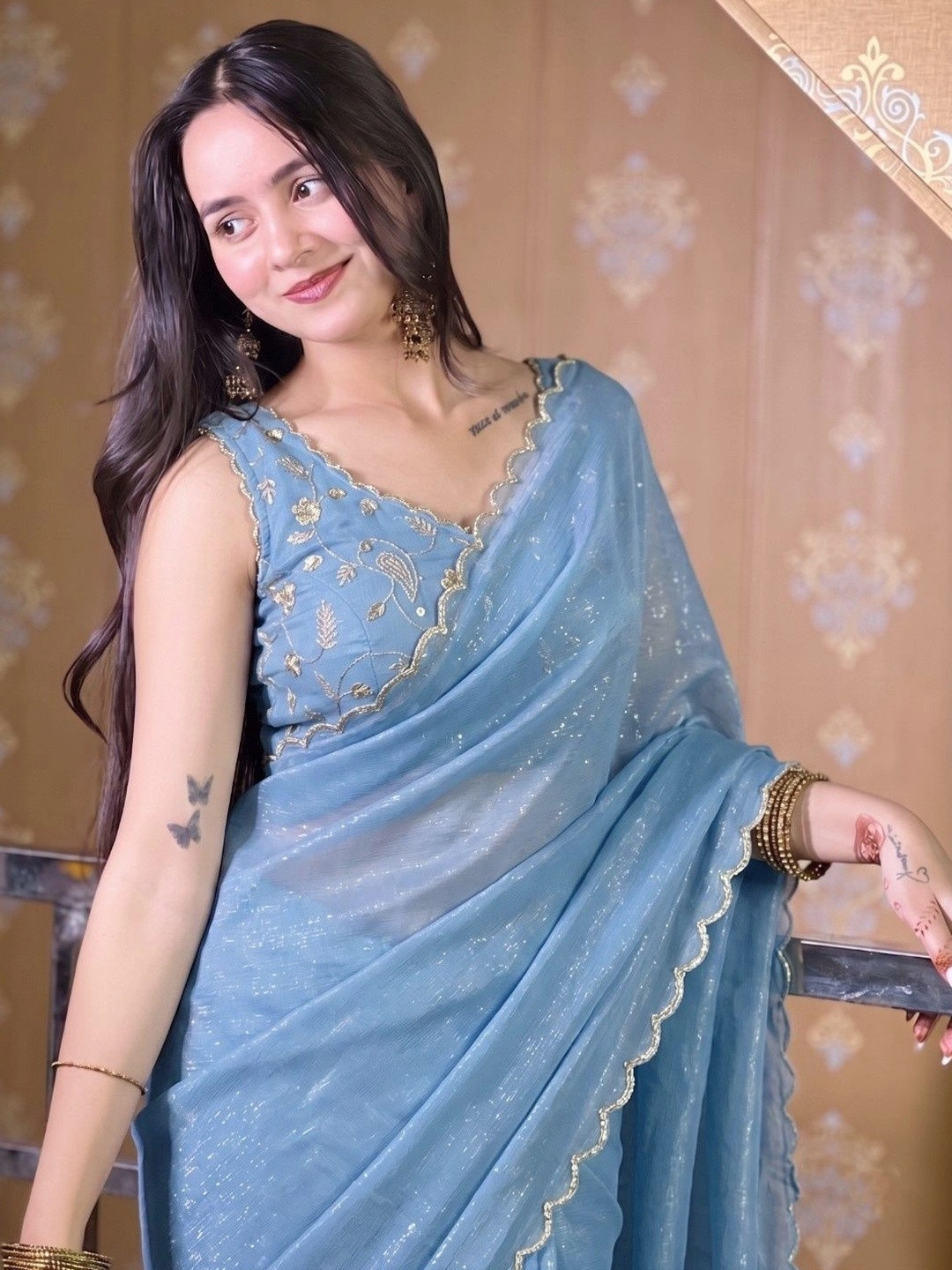 Shreevally Embroidered Poly Crepe Designer Saree