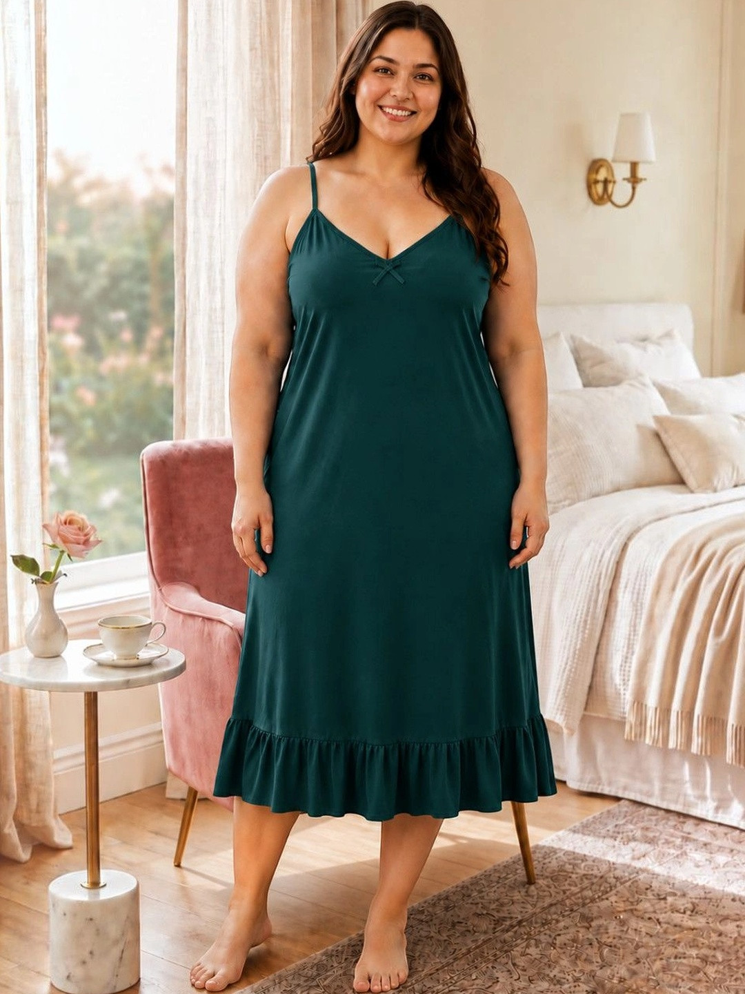 CLOCHOICE Women Plus Size Teal Relaxed Fit Lounge & Sleepwear Nightdress