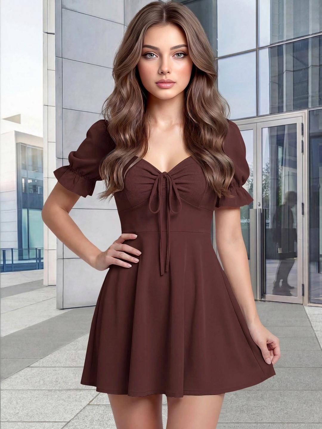 Navyankaa Puff Sleeve Ruffled A-Line Mini Dress