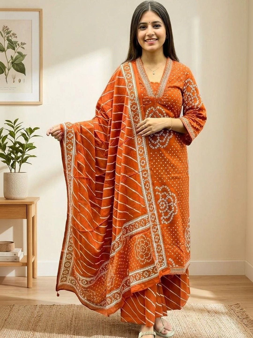 Jouglowriyaa Women Leheriya Printed Regular Kurta with Palazzos & With Dupatta