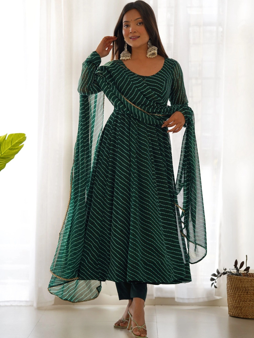 Sangria Women Leheriya Dyed Empire Kurta with Trousers & With Dupatta