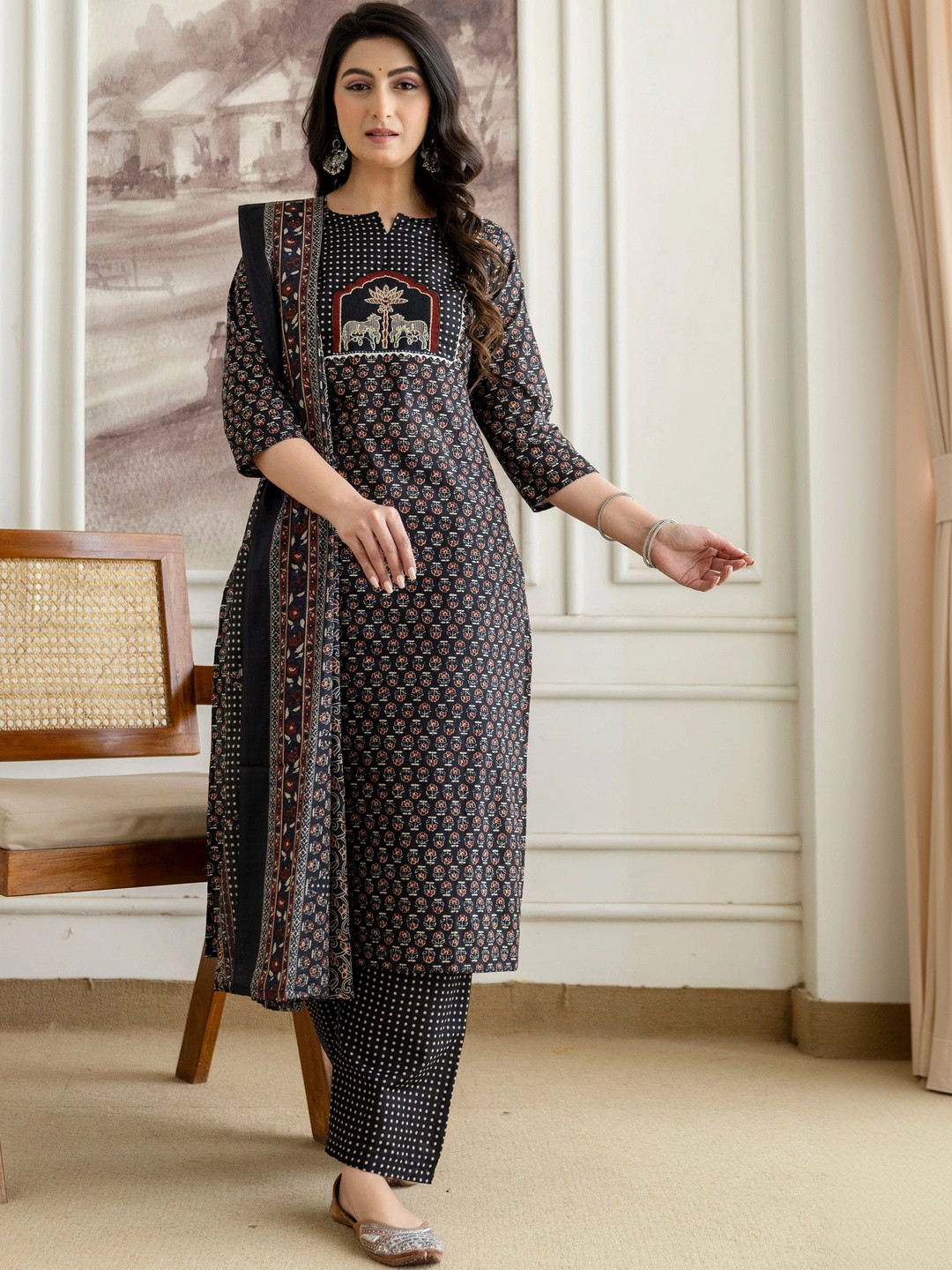 Berrylicious Women Ethnic Motifs Printed Regular Pure Cotton Kurta with Palazzos & With Dupatta