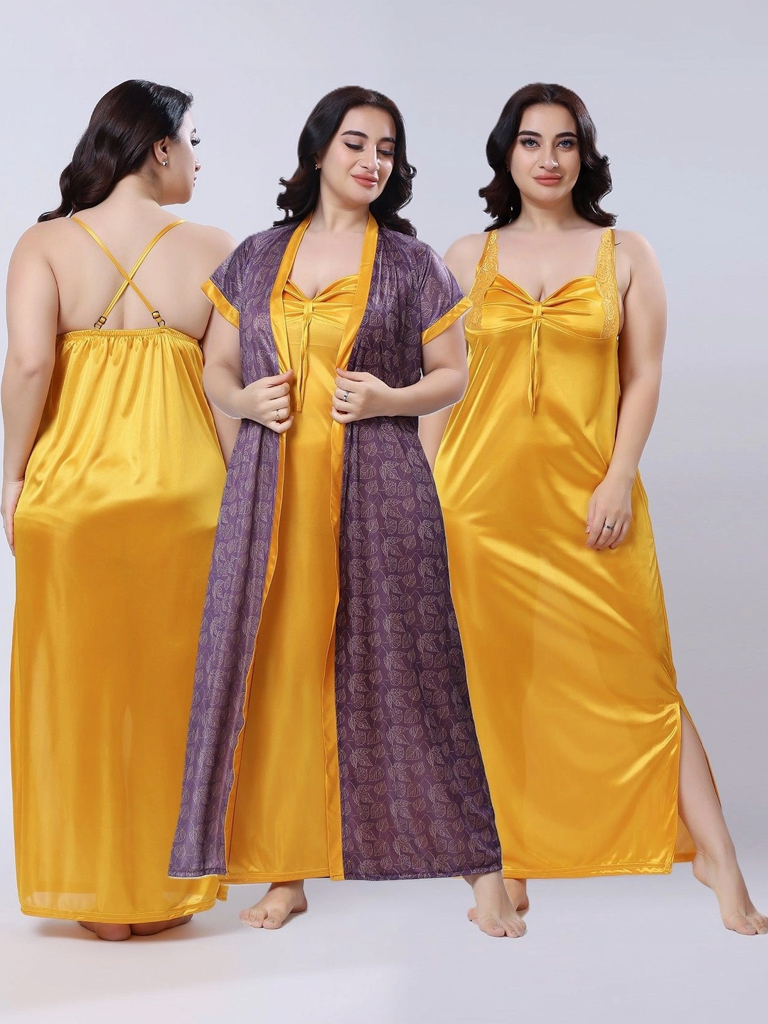 come4try Abstract Printed V-Neck Short Sleeves Satin Maxi Nightdress
