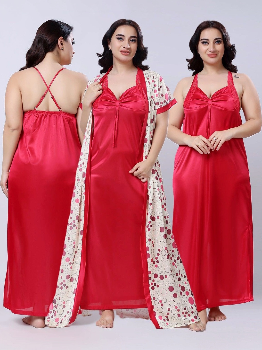 come4try Polka Dots Printed Shoulder Straps Short Sleeves Satin Maxi Nightdress