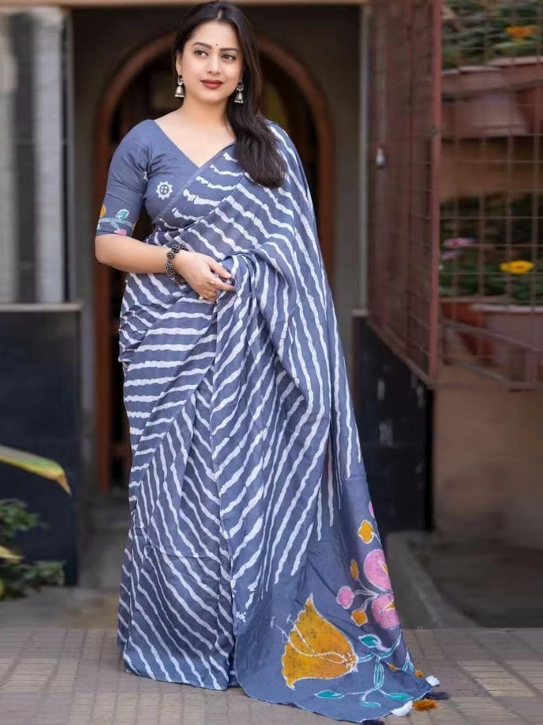 NENU CREATION Leheriya Linen Blend Leheriya Saree