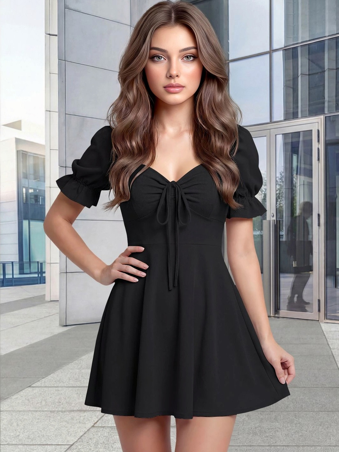 Navyankaa Puff Sleeve Ruffled Fit & Flare Mini Dress