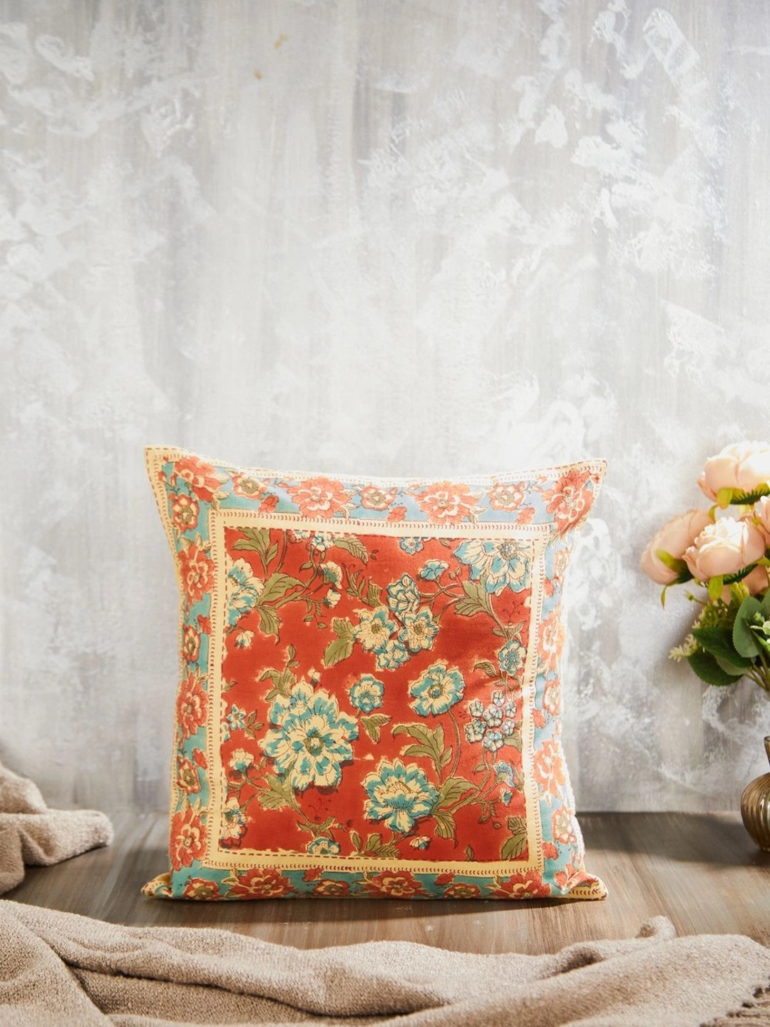 Fabindia Orange Floral Square Cushion Covers
