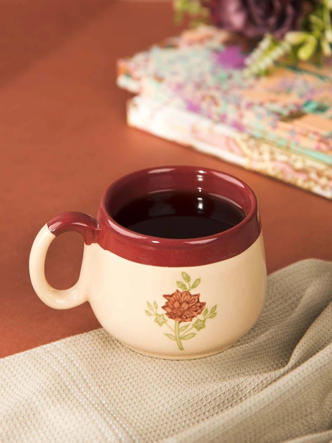 Fabindia Maroon Floral Printed Ceramic Glossy Mugs Set of Cups and Mugs