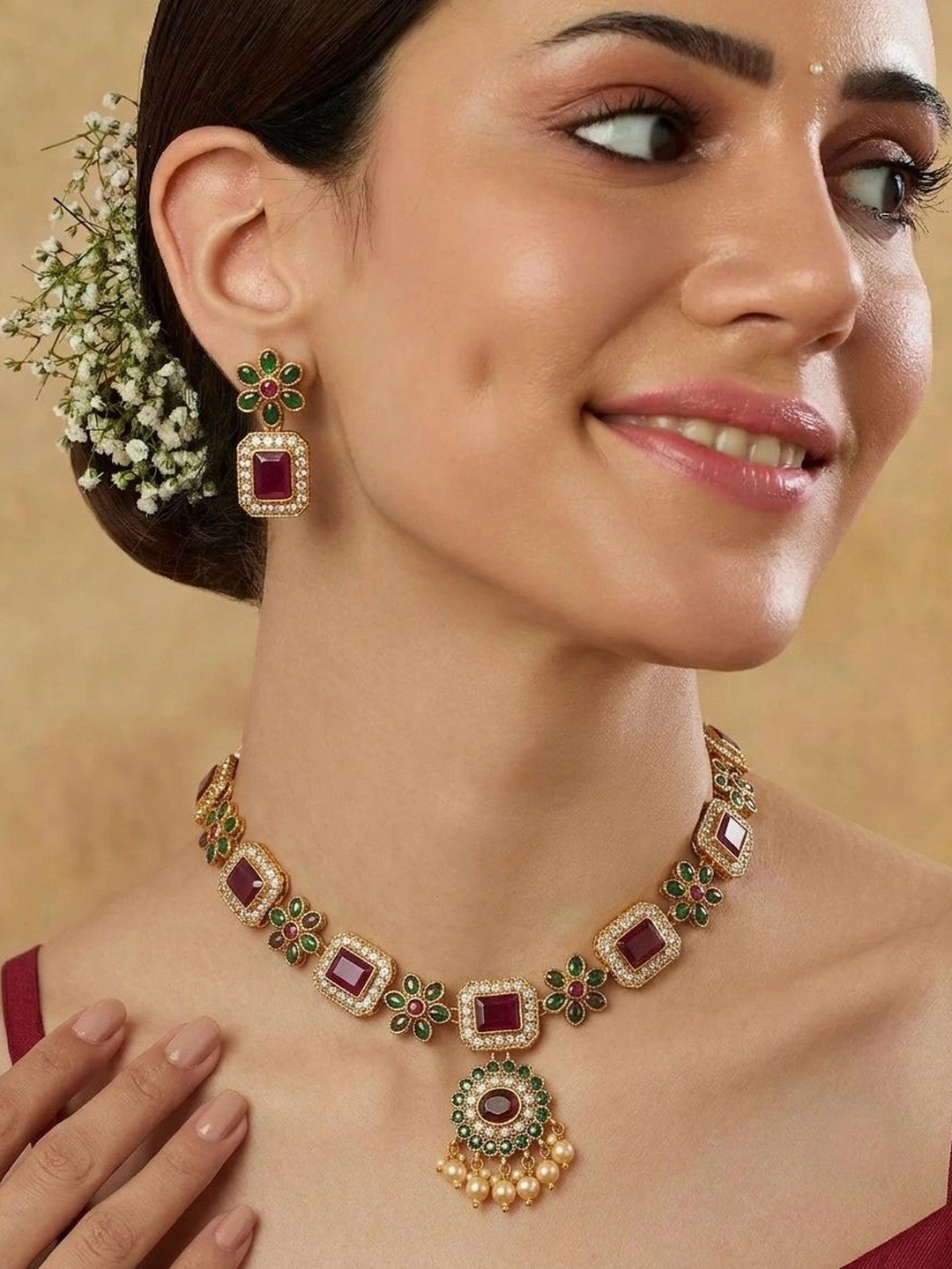 SHREEVAANI Gold-Plated Antique Stone Studded & Beaded Necklace and Earrings