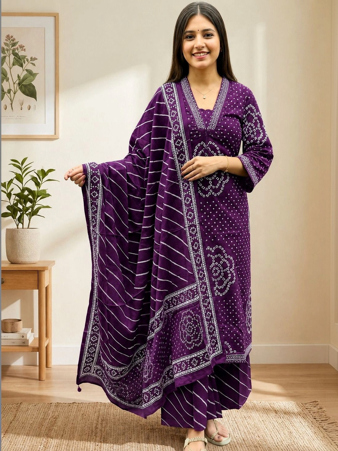 Jouglowriyaa Women Leheriya Dyed Regular Kurta with Palazzos & With Dupatta