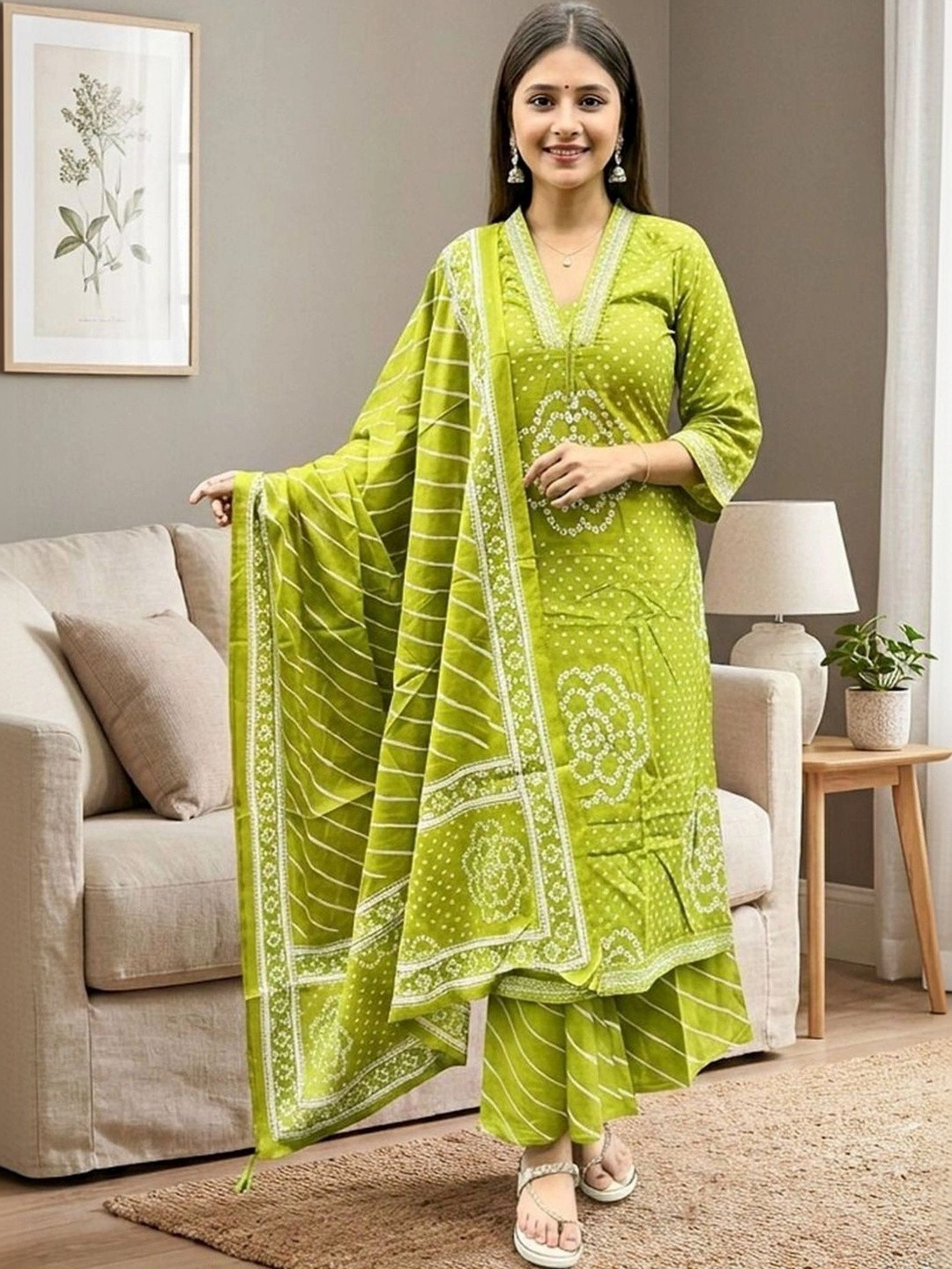 Jouglowriyaa Women Leheriya Dyed Regular Kurta with Palazzos & With Dupatta