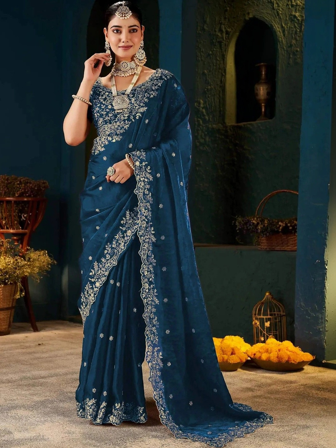 JANOI Embroidered Satin Designer Saree