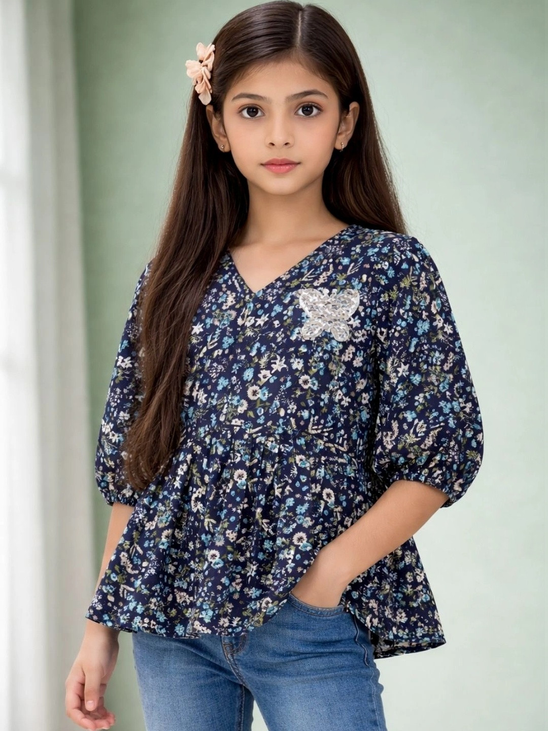 Ishti Floral Print Puff Sleeve Cotton Blend Top