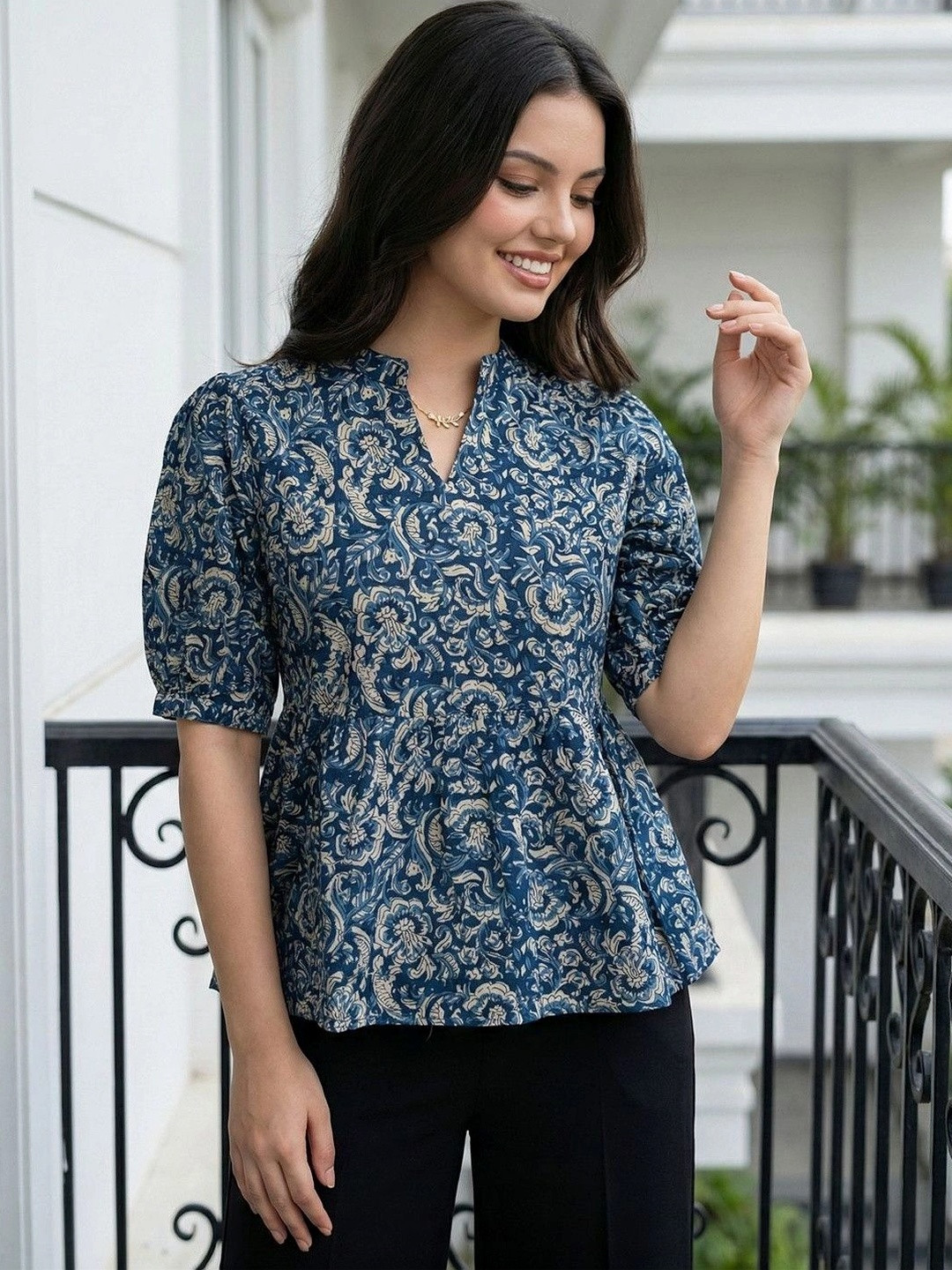 PRESHA Print Mandarin Collar Puff Sleeve Ethnic Cotton Top
