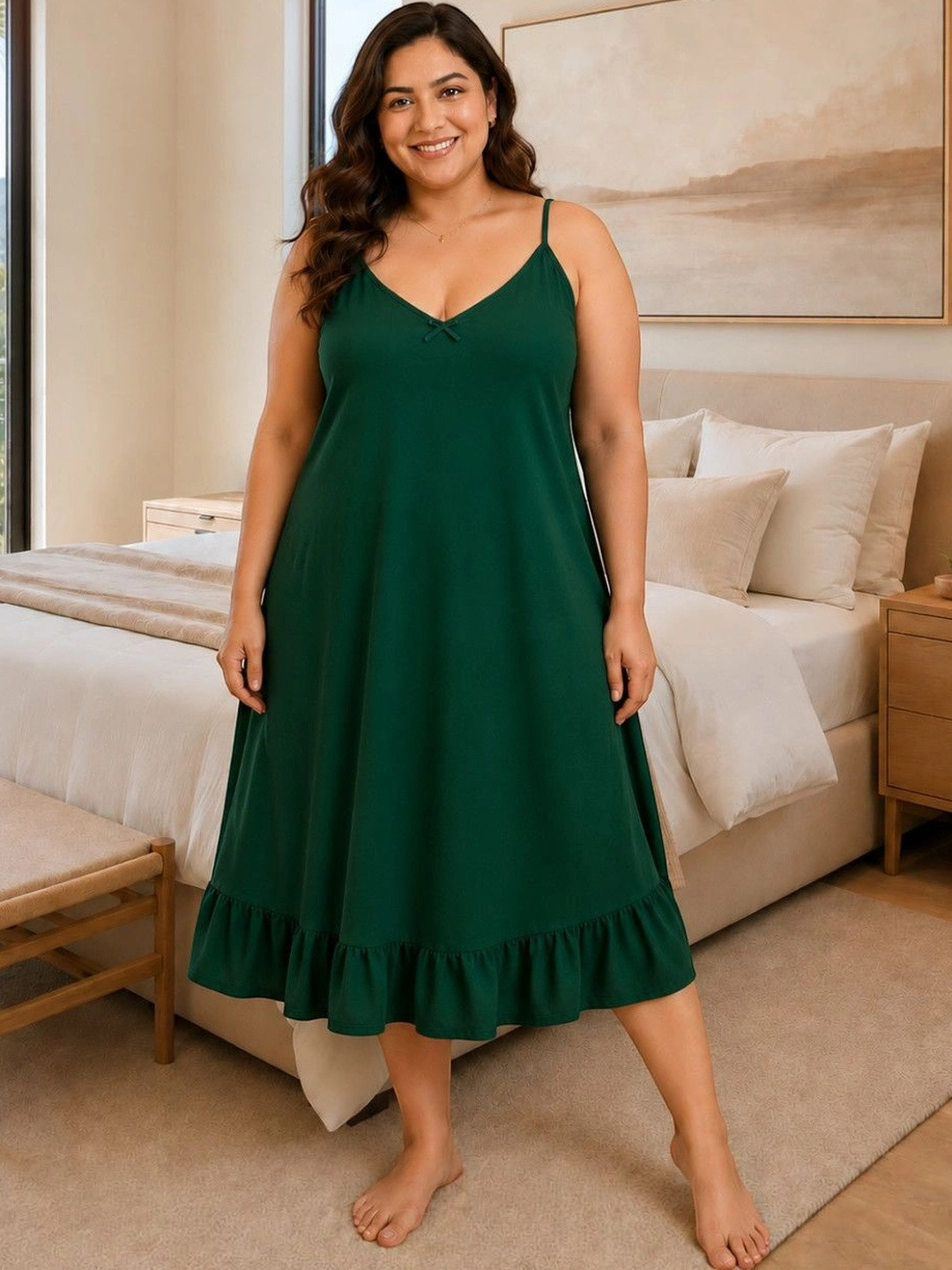 CLOCHOICE Women Plus Size Shoulder Strap Midi Nightdress with Frill Hem