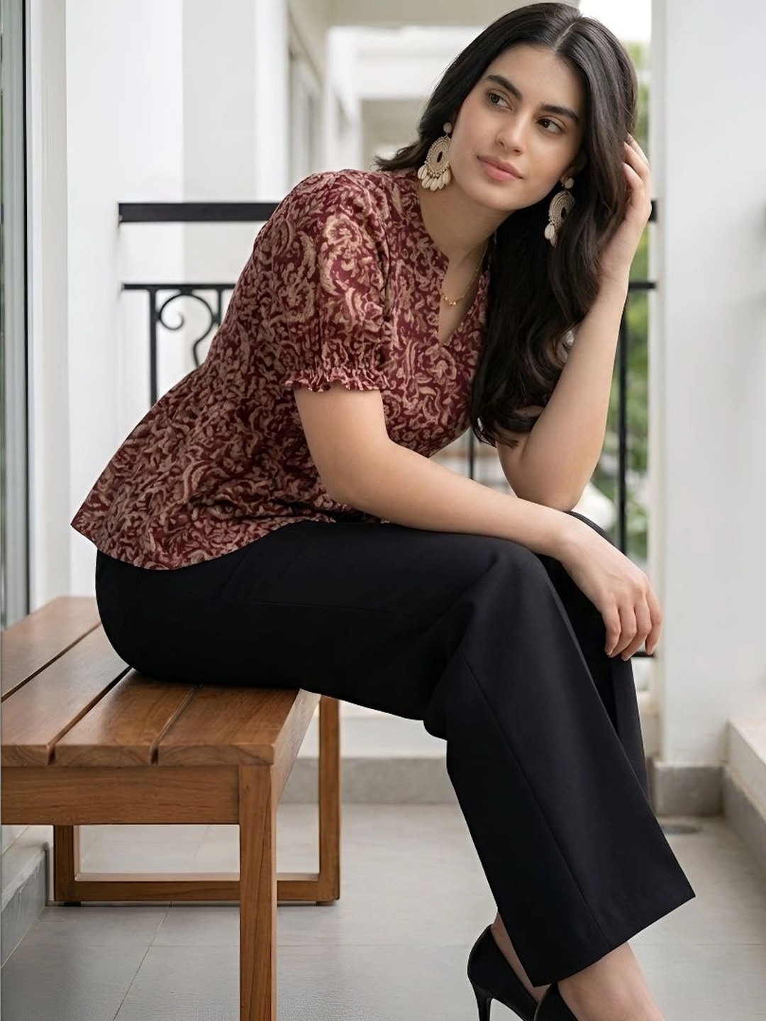 PRESHA Print Puff Sleeve Ethnic Cotton Peplum Top