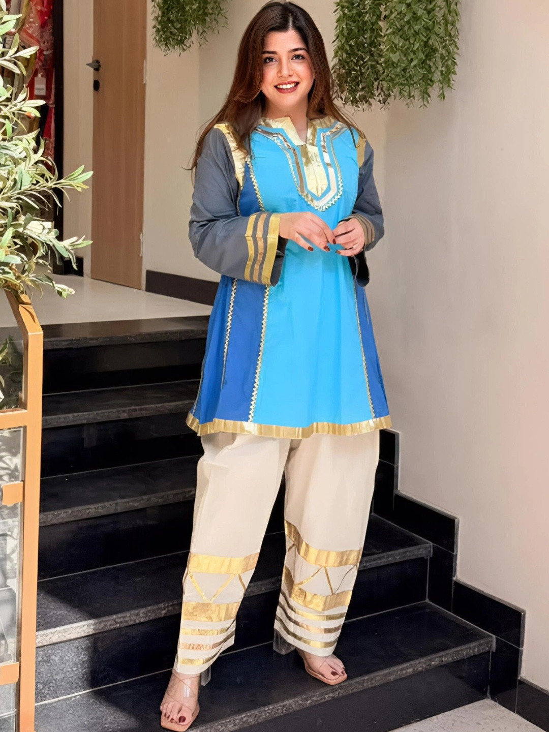 Lookmark Women Blue Ethnic Straight Kurta with Farshi Salwar Kurta Set