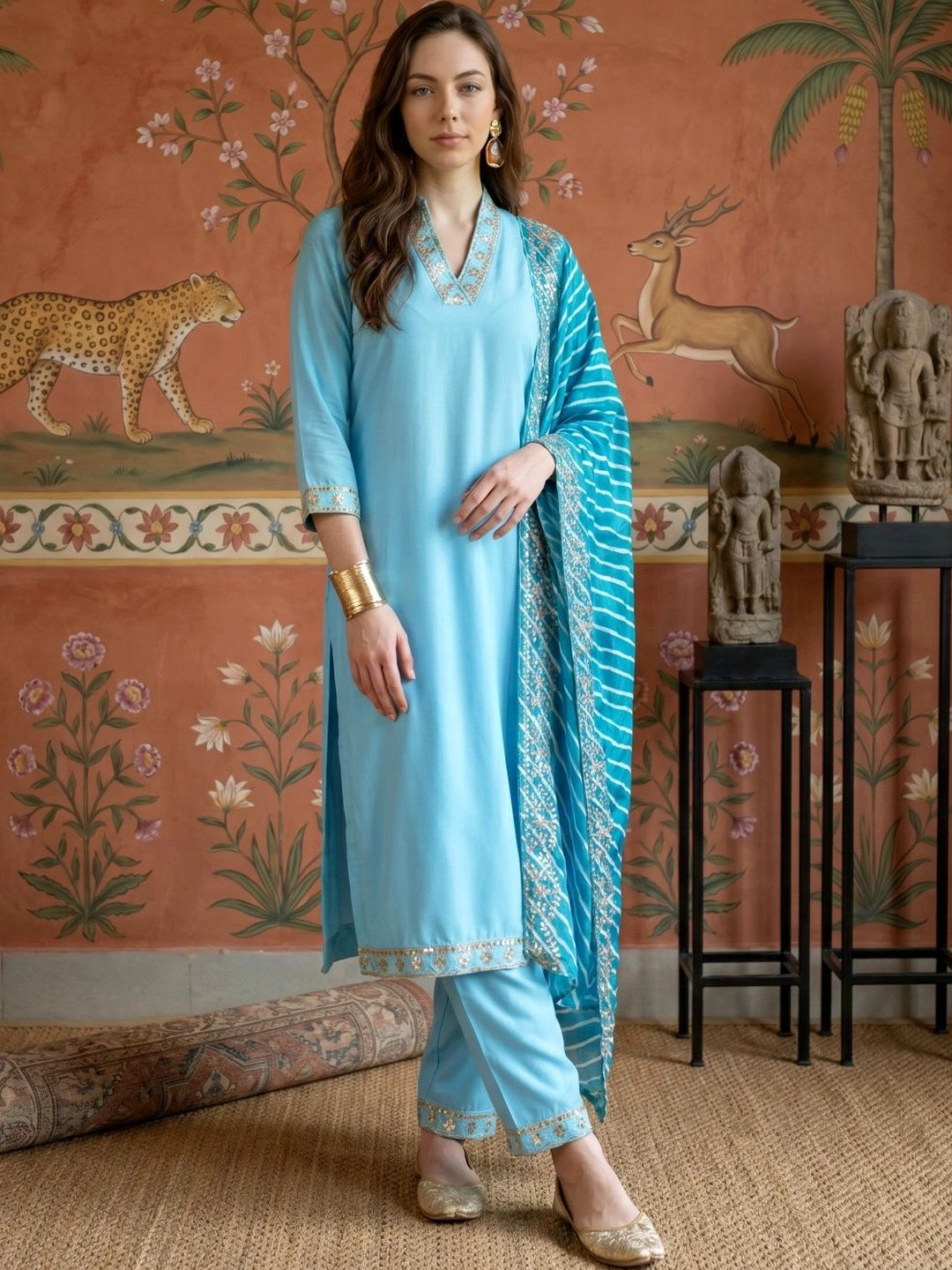Sangria Women Ethnic Motifs Embroidered Regular Kurta with Trousers & With Dupatta