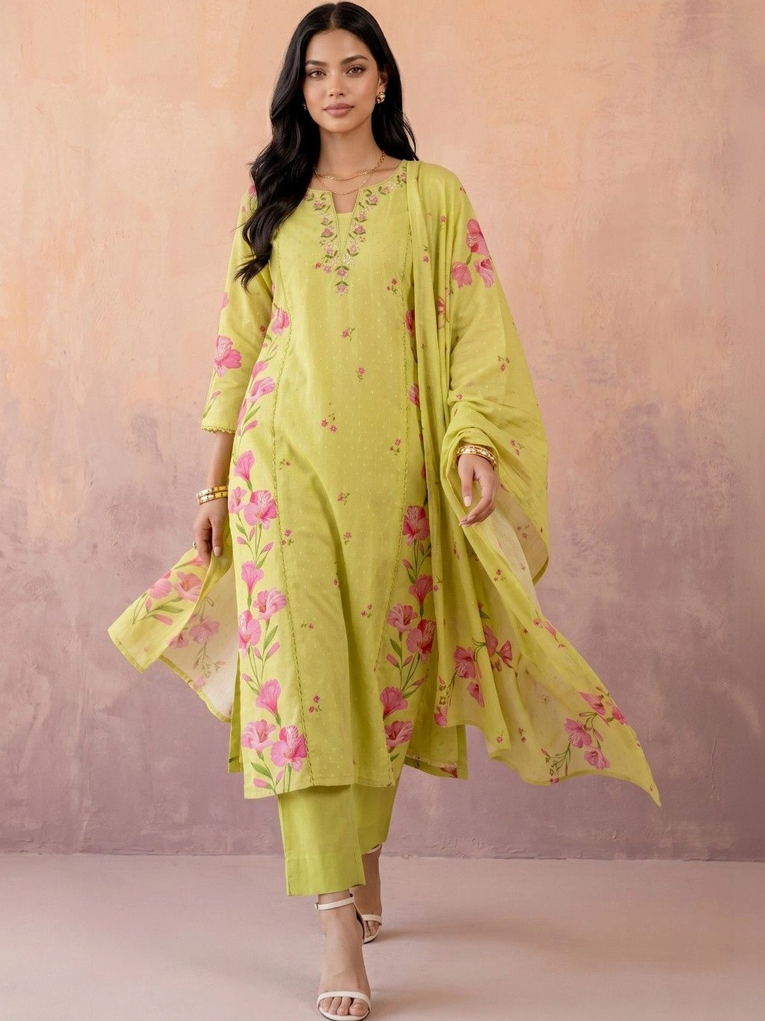 KINDA DESI Women Floral Printed Regular Thread Work Chanderi Silk Kurta with Trousers & With Dupatta