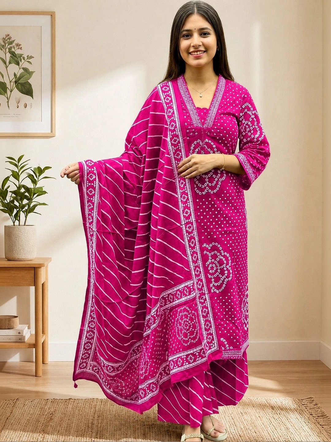 Jouglowriyaa Women Leheriya Dyed Regular Kurta with Palazzos & With Dupatta