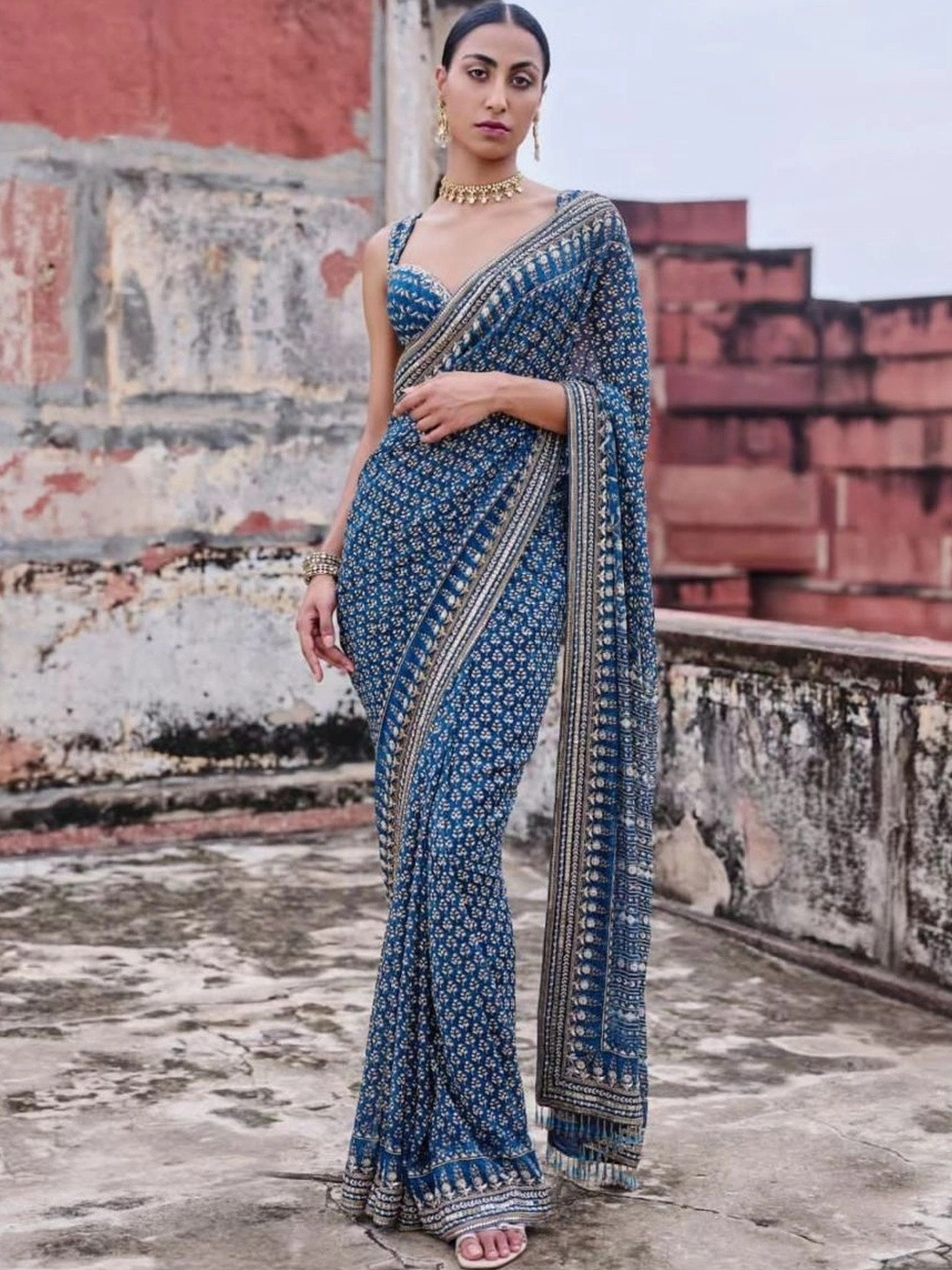 A.G.M.G FASHION Woven Design Embroidered Poly Georgette Fusion Saree